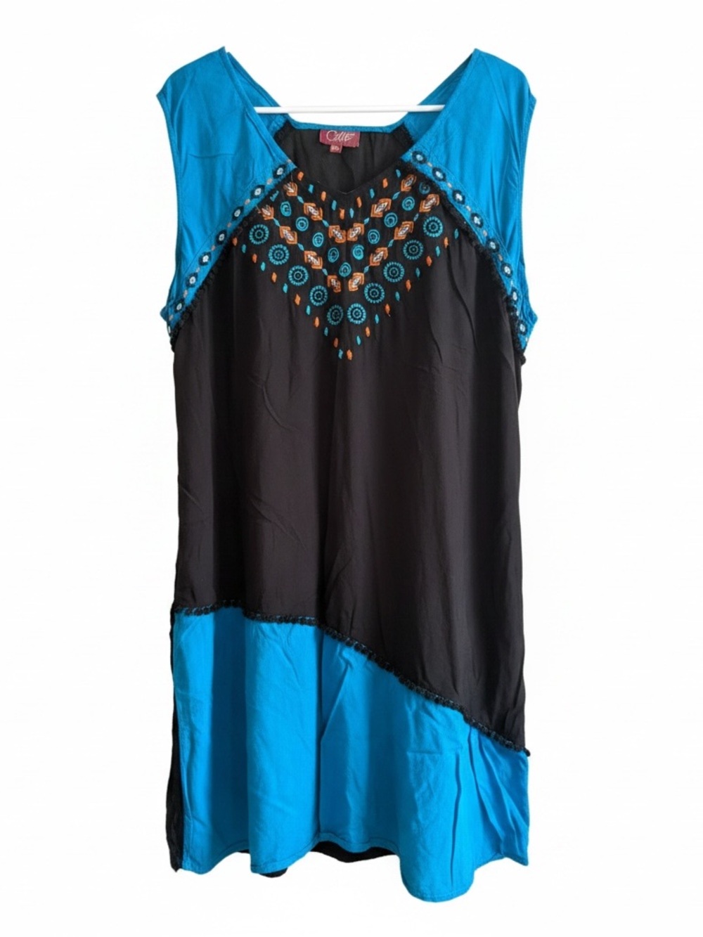 Coline Sleeveless Black and Turquoise Embroidered Midi Dress -